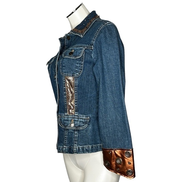 J. Jill Stretch Denim Jacket With Jewels & Metallic Gold Pattern Women's Size S - Picture 5 of 16